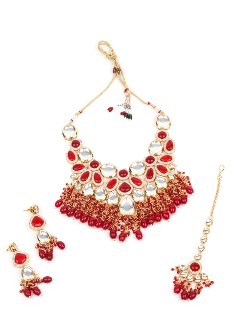

ODETTE Gold-Plated & Toned Red & White Artificial Stones and Beads Studded Jewellery Set