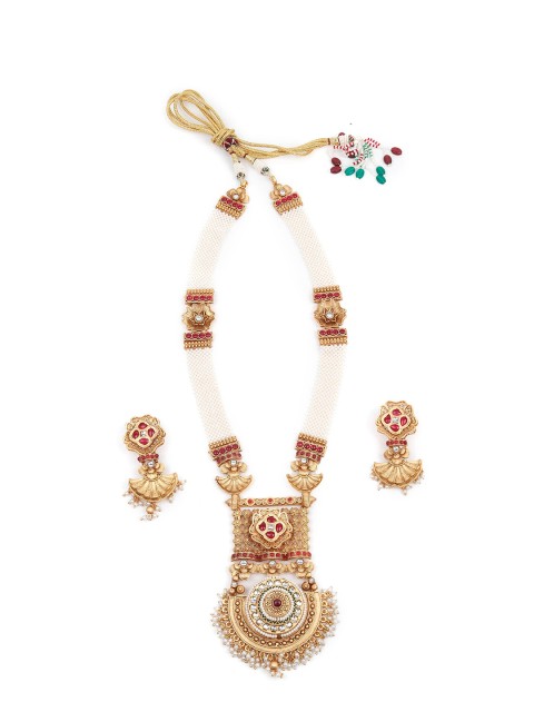 

ODETTE Gold-Plated Maroon Stone Studded & Beaded Jewellery Set