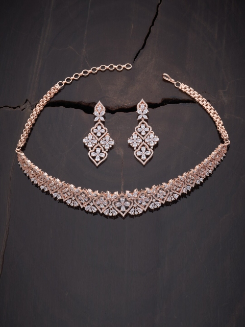 

Kushal's Fashion Jewellery White & Rose Gold-Plated CZ Studded Choker Jewellery Set