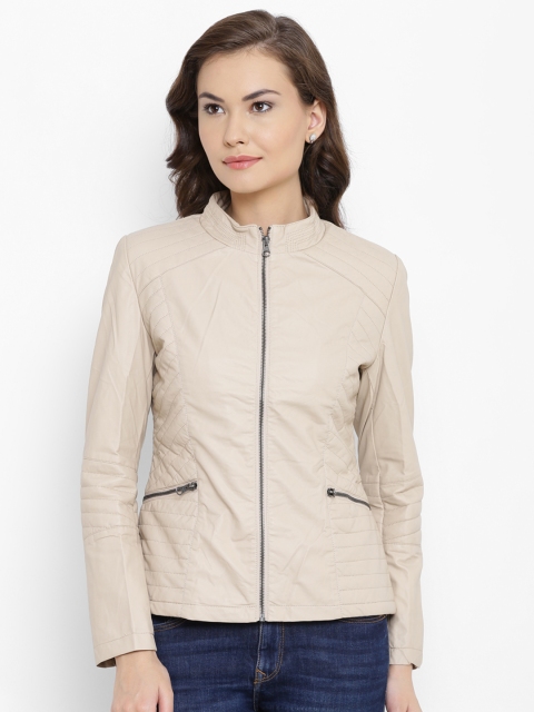 

Fort Collins Women Beige Solid Faux Leather Jacket