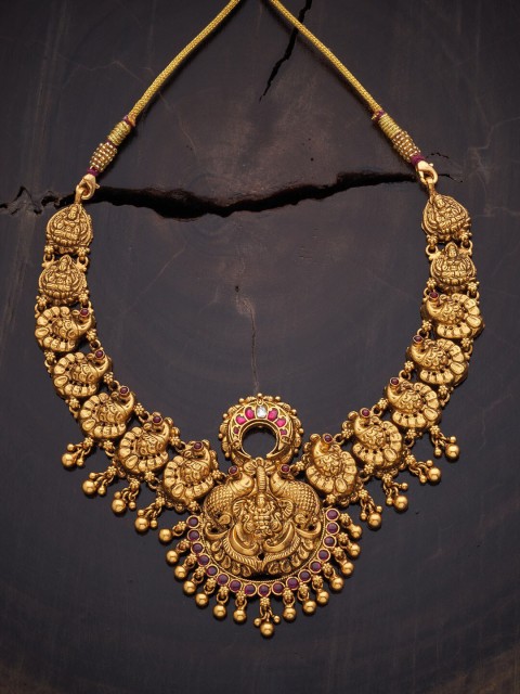 

Kushal's Fashion Jewellery Green Silver Gold-Plated Temple Necklace