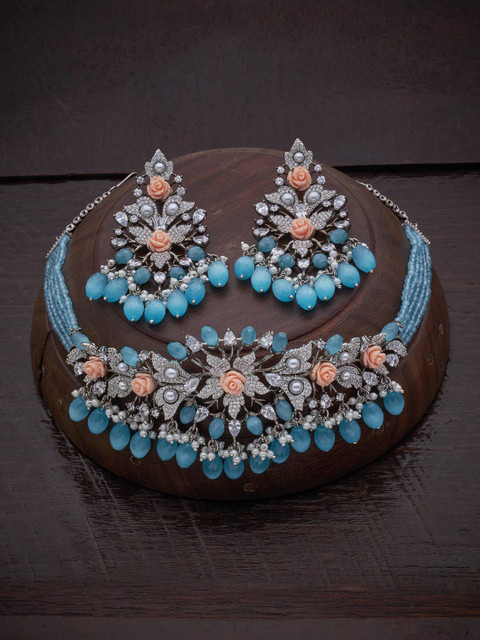 

Kushal's Fashion Jewellery Rhodium-Plated Sea Green CZ-Studded & Beaded Jewellery Set, Silver
