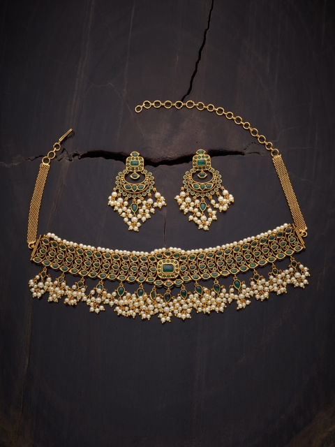 

Kushal's Fashion Jewellery Gold-Plated Green Stone-Studded & Beaded Antique Jewellery Set