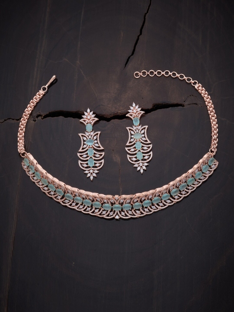 

Kushal's Fashion Jewellery Rose Gold-Plated & Sea Green CZ Studded Choker Jewellery Set