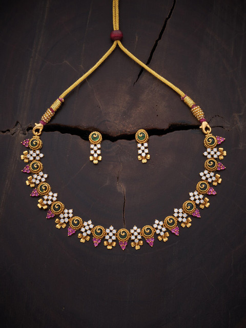 

Kushal's Fashion Jewellery Women Gold Plated Red & Green Temple Jewellery Set