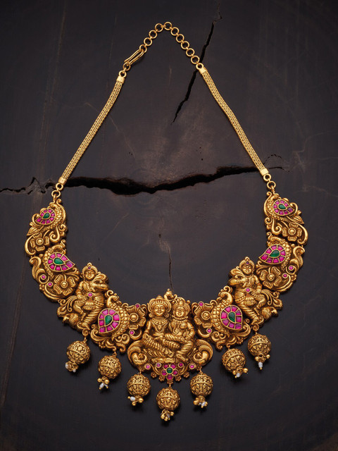 

Kushal's Fashion Jewellery 92.5 Pure Silver Temple Necklace, Red