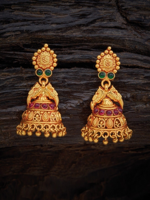 

Kushal's Fashion Jewellery 92.5 Pure Silver Gold-Plated & Pink Temple Jhumkas Earrings