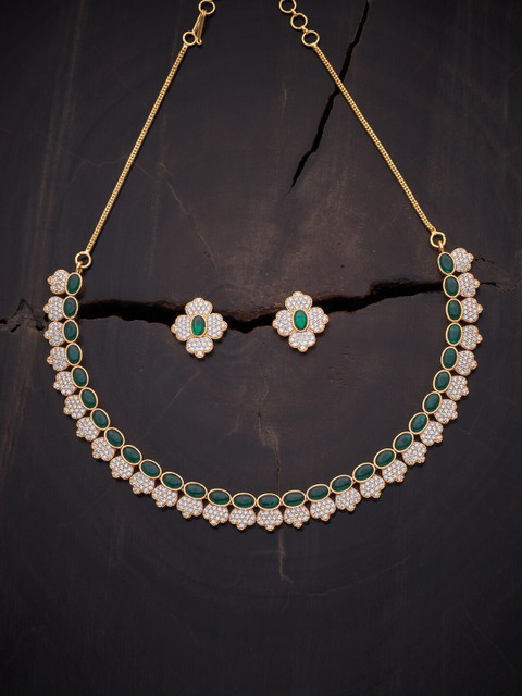 

Kushal's Fashion Jewellery Gold-Plated Green & White CZ Studded Jewelery Set