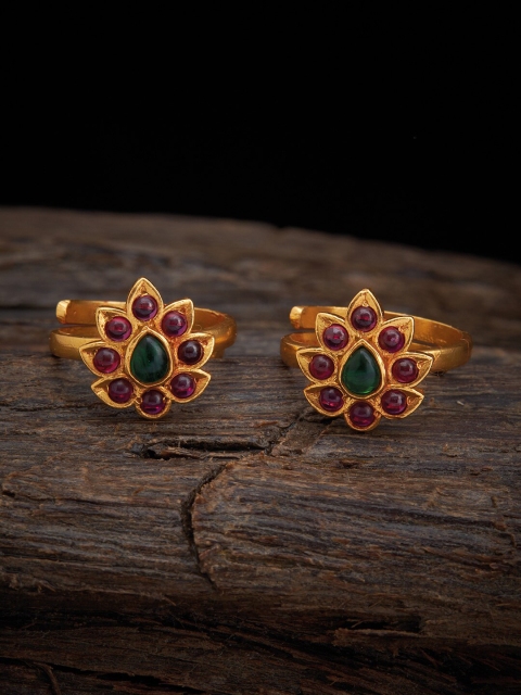 

Kushal's Fashion Jewellery 92.5 Pure Silver Gold-Toned & Pink Stone-Studded Toe Rings