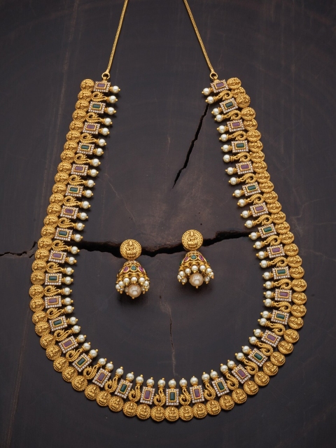 

Kushal's Fashion Jewellery Gold-Toned White & Red Stone-Studded & Pearl Beaded Jewellery Set