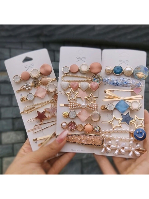 

Pinapes Women Set Of 20 Pink & Blue Embellished Hair Accessories, Gold
