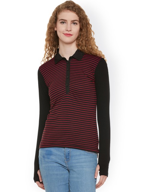 

Hypernation Women Black & Red Striped Slim Polo Collar T-shirt with Thumb Insert