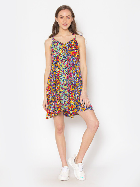 

FLAWLESS Pink & Red Floral A-Line Shoulder Strap Mini Dress