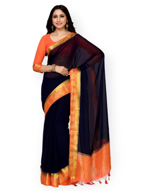 

MIMOSA Navy Blue Poly Chiffon Solid Kanjeevaram Saree
