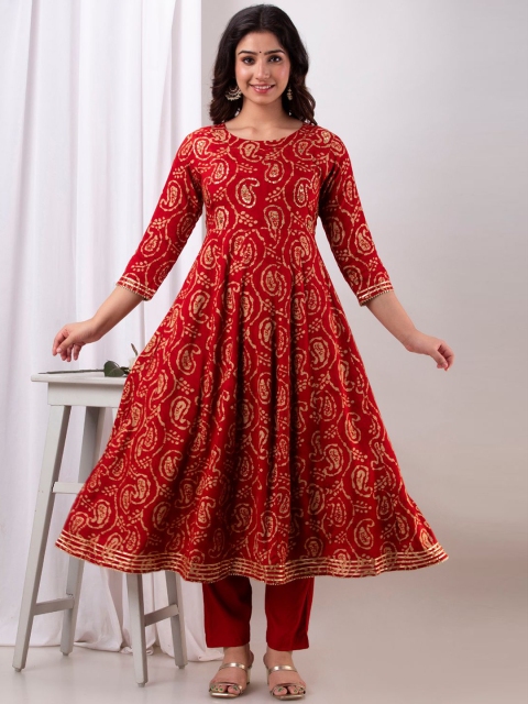 

Kesarya Women Red Ethnic Motifs Printed Panelled Sequinned Kurta with Trousers & With Dupatta