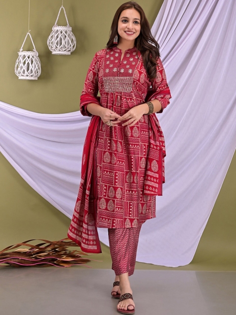 

EtnicaWear Women Red Floral Embroidered Pure Cotton Kurta with Pyjamas & Dupatta