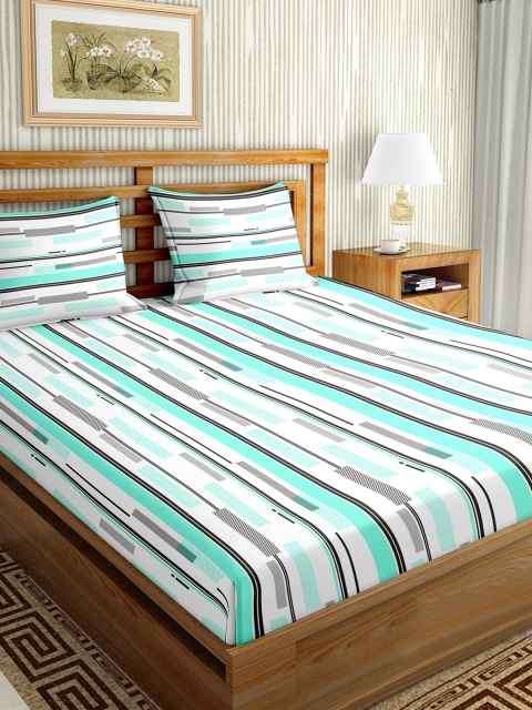 

BELLA CASA Green & White Striped 150 TC King Bedsheet with 2 Pillow Covers