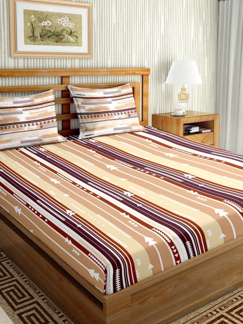 

BELLA CASA Beige & White Striped 150 TC King Cotton Bedsheet with 2 Pillow Covers