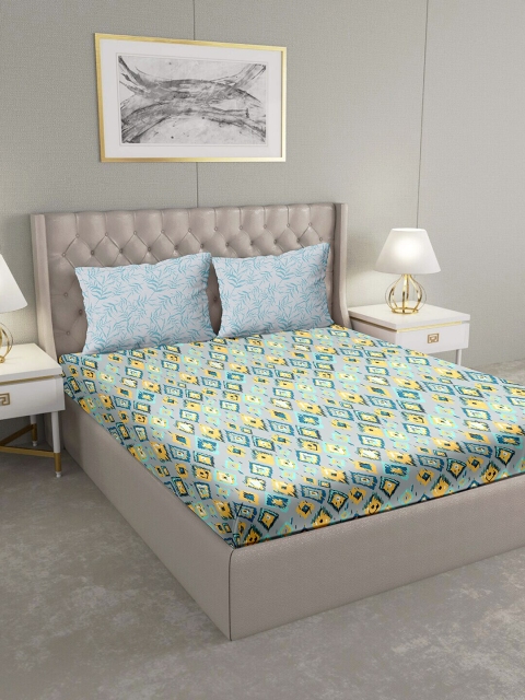 

BELLA CASA Blue & Yellow Geometric 180 TC King Bedsheet with 2 Pillow Covers