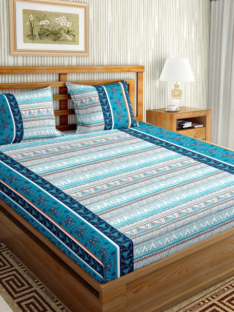 

BELLA CASA Blue & White Ethnic Motifs 110 TC King Bedsheet with 2 Pillow Covers