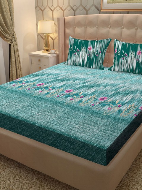 

BELLA CASA Teal & Pink Floral 250 TC King 100% Cotton Bedsheet with 2 Pillow Covers