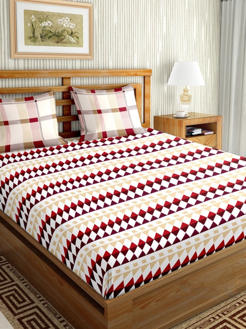 

BELLA CASA Maroon & White Geometric 150 TC Cotton King Bedsheet with 2 Pillow Covers