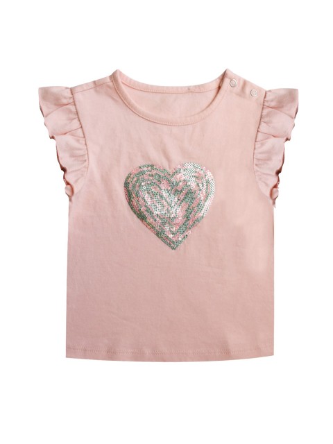 

milou Girls Peach & Silver Embellished Flutter Sleeves Cotton Blend Top