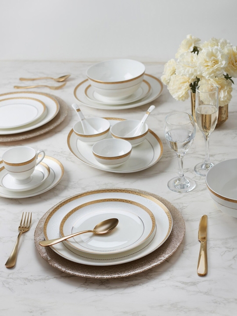 

HomeTown Set Of 33 Gold-Toned & White Printed Bone China Glossy Dinner Set