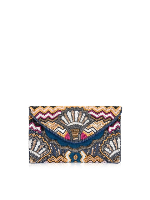 

INAAYA Women Blue & Yellow Embellished Envelope Clutch