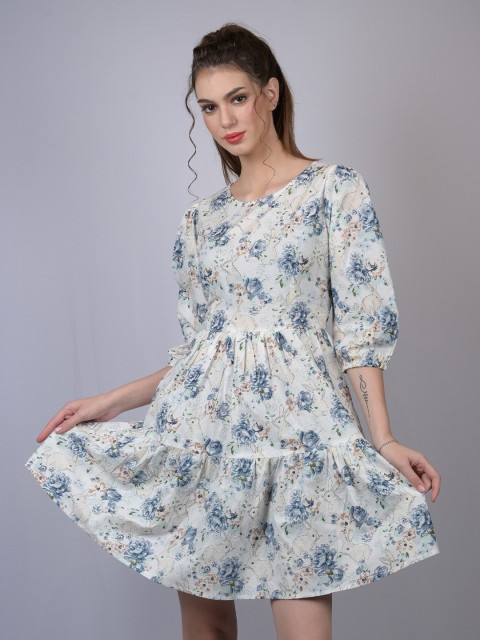 

OWO THE LABEL Cream-Coloured & Blue Floral Dress