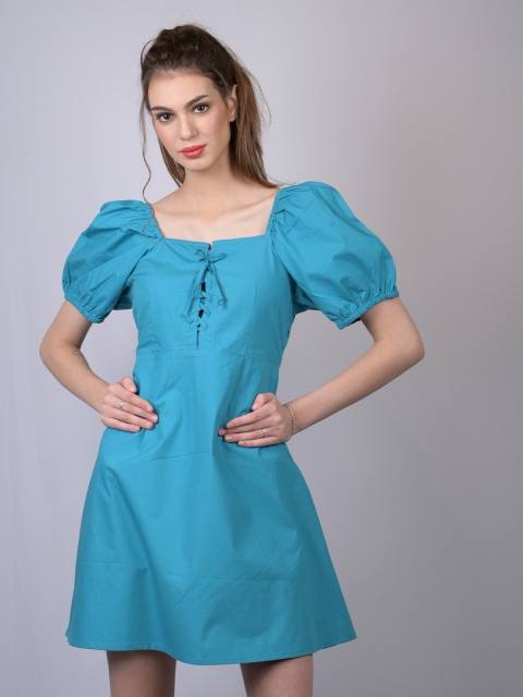 

OWO THE LABEL Women Turquoise Blue Square Neck A-Line Cotton Dress
