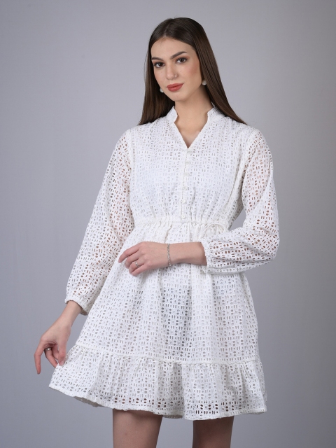 

OWO THE LABEL Women White Self Design Schiffli A-Line Dress