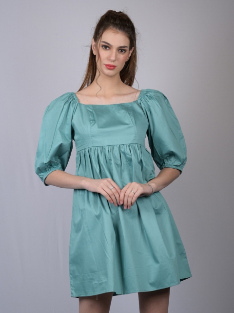 

OWO THE LABEL Women Turquoise Blue Solid Fit & Flare Dress