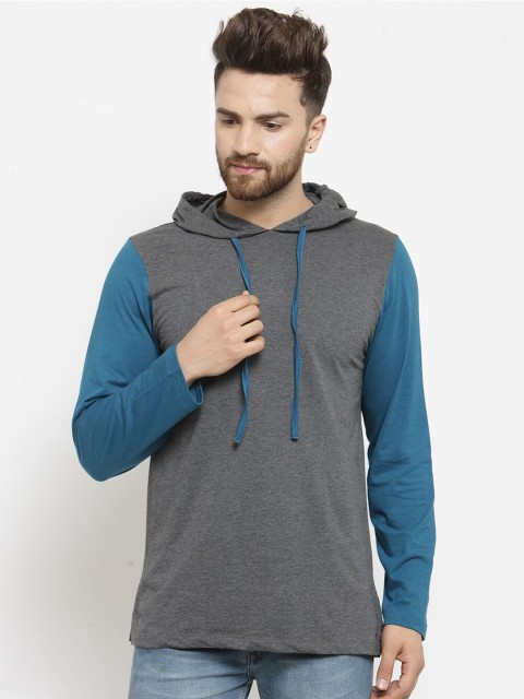 

Kalt Men Grey & Turquoise Blue Colourblocked Hooded T-shirt