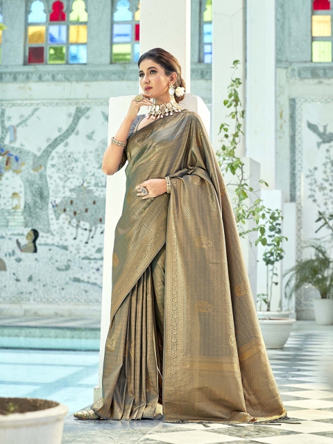 

elora Grey & Gold-Toned Zari Saree