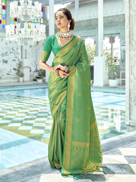 

elora Lime Green & Gold-Toned Woven Design Zari Silk Blend Saree