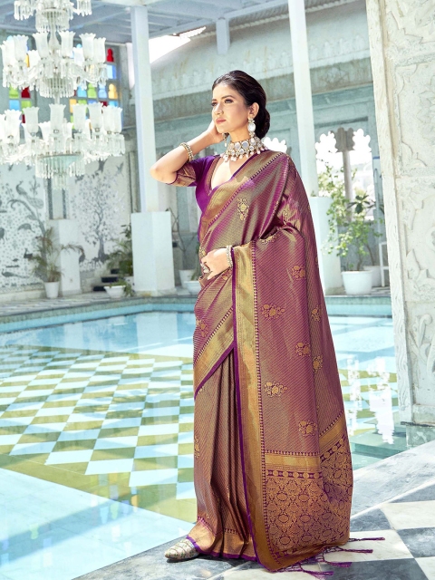 

elora Purple & Gold-Toned Woven Design Zari Silk Blend Saree