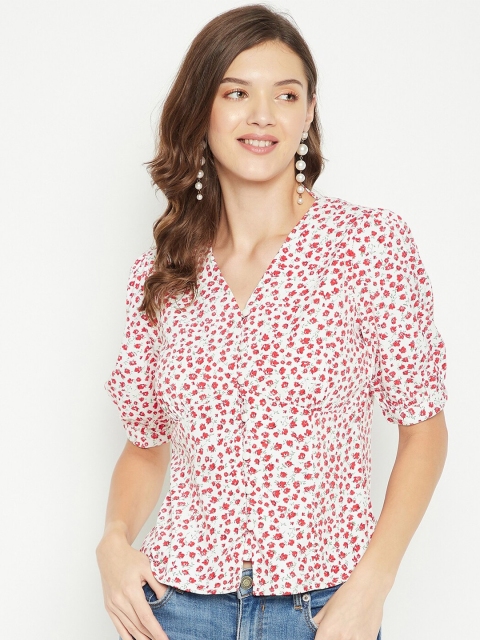 

PURYS White & Red Floral Print Crepe Blouson Top