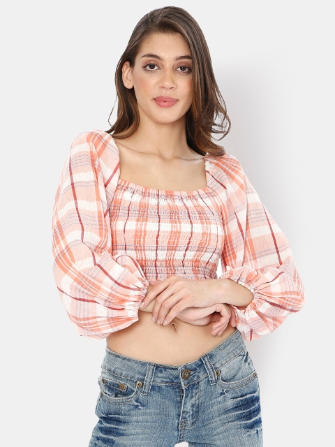 

I Love She Orange Checked Bishop Sleeves Blouson Crop Top