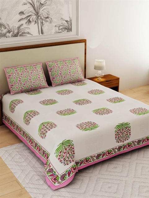 

Salona Bichona Pink & Green Floral 144 TC Queen Cotton Bedsheet with 2 Pillow Covers