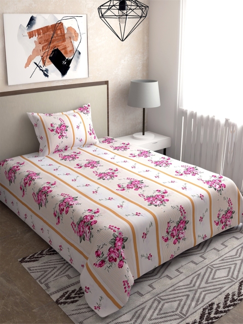 

Salona Bichona Off White & Pink Floral 104 TC Single Bedsheet with 1 Pillow Cover