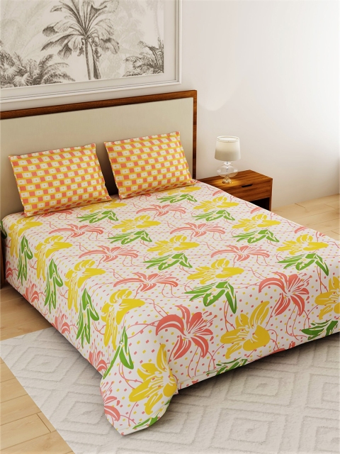 

Salona Bichona White & Yellow Floral Printed 104 TC Queen Bedsheet with 2 Pillow Covers