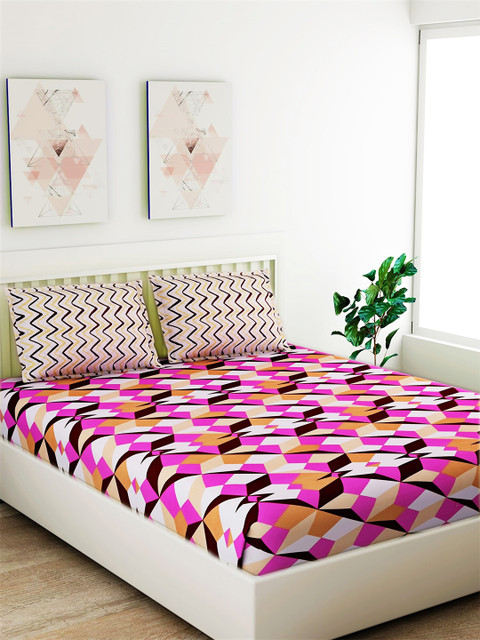 

Salona Bichona Pink & Off White Cotton Floral 104 TC Queen Bedsheet with 2 Pillow Covers