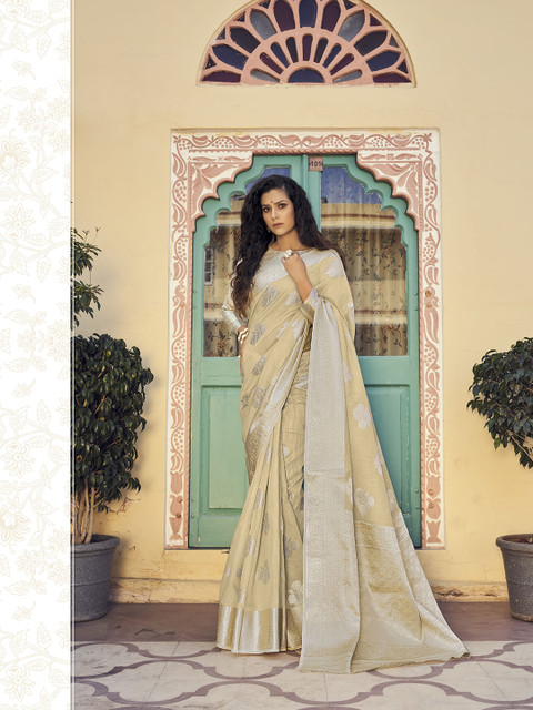 

elora Beige & Silver-Toned Floral Zari Saree