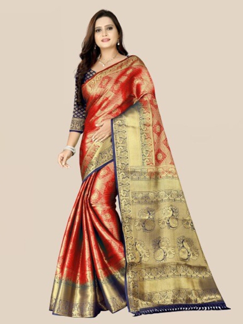 

PRASTHAN Red & Gold-Toned Woven Design Zari Pure Silk Banarasi Saree