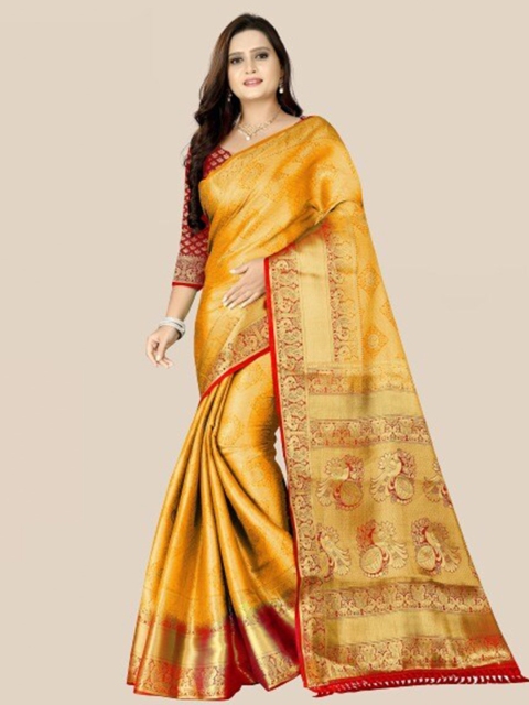 

PRASTHAN Gold-Toned & Red Woven Design Jaali Pure Silk Banarasi Saree