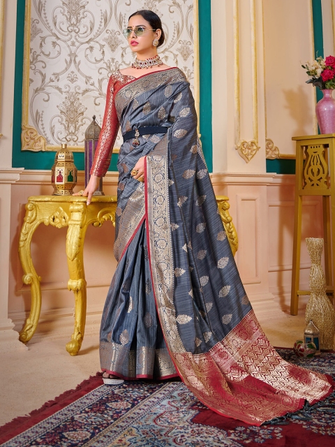 

elora Grey & Red Floral Zari Silk Blend Kanjeevaram Saree