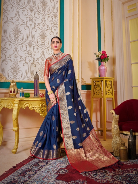 

elora Navy Blue Floral Zari Silk Blend Saree