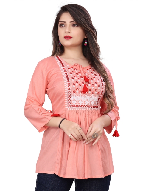 

Velmita Pink & White Embroidered Tie-Up Neck Empire Top