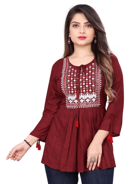 

Velmita Maroon Embellished Tie-Up Neck Empire Top